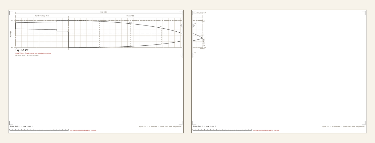 Two page Gyuto 210 actual size PDF print preview
